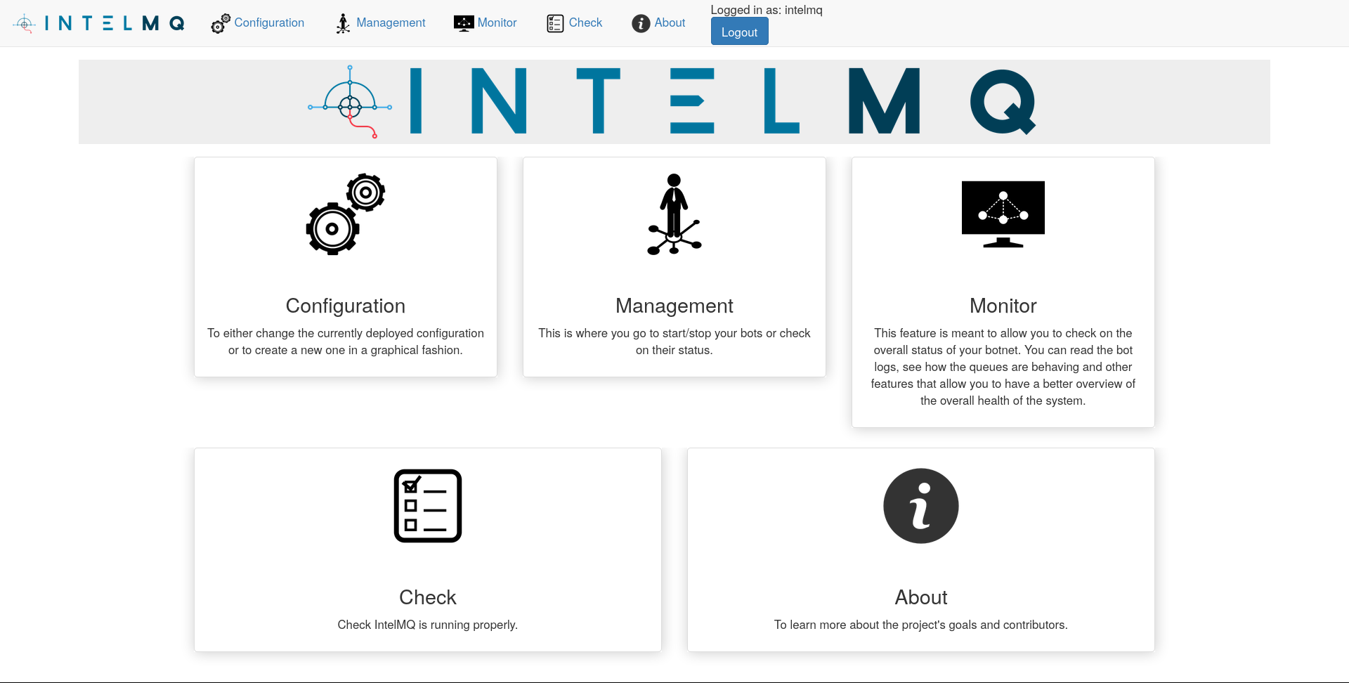 IntelMQ Manager Landing page